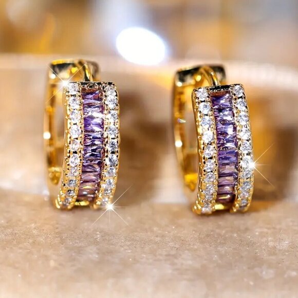 Small Huggie Earrings with Tons of Bling Purple 1455 - Picture 1 of 7